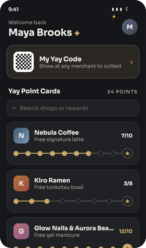 Member app home screen showing the Yay Code and stamp cards